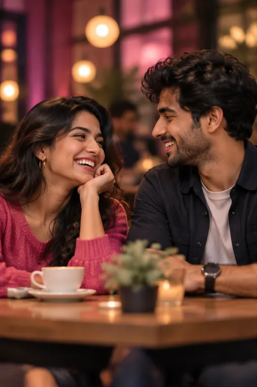 A young couple laughing together over coffee