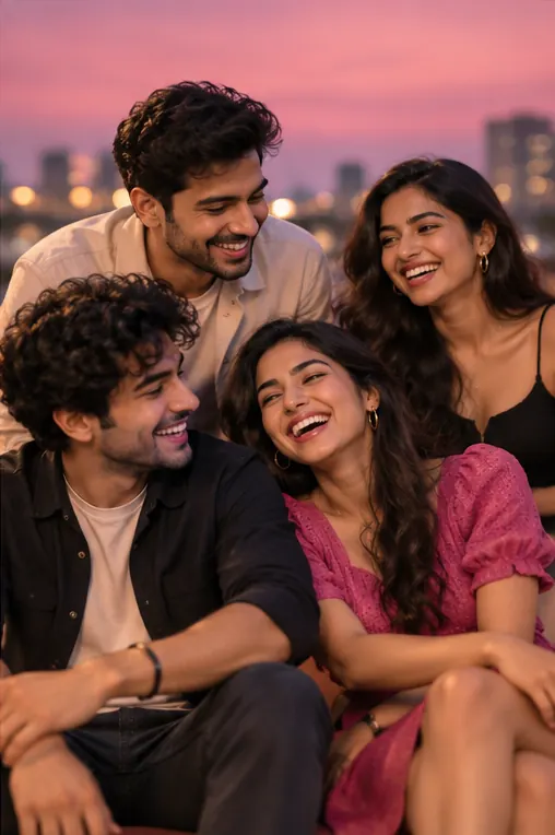 Friends laughing together on a rooftop at sunset