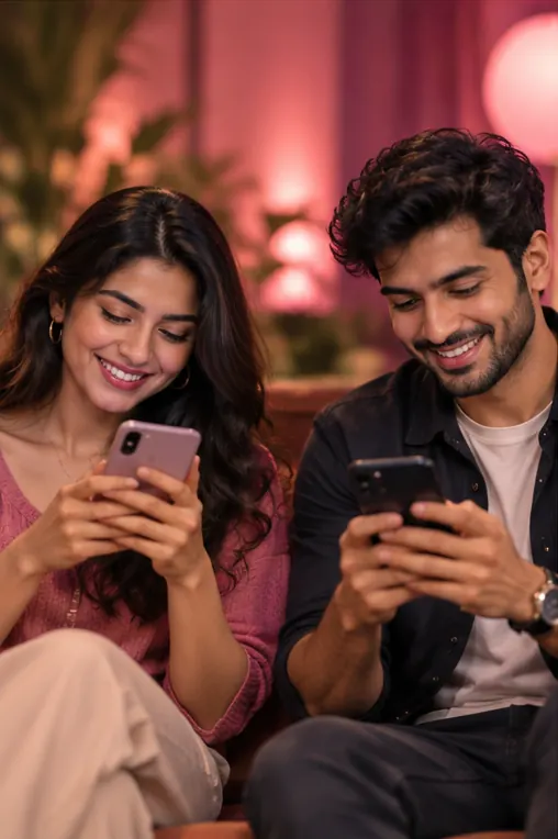 A couple smiling at their phones